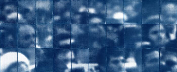 Document No. 402, from the series Light as Witness: Between Exposure, Concealment, and Oblivion, cyanotype on paper, 86.1 x 208 cm (28.7 x 20.8 cm each), 2024.