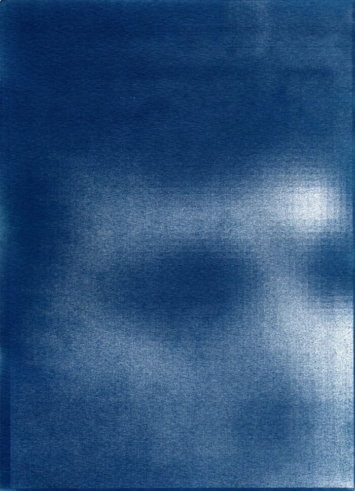 Document No. 402, Piece No. 21, from the series Light as Witness: Between Exposure, Concealment, and Oblivion, cyanotype on paper, 28.7 x 20.8 cm, 2024.