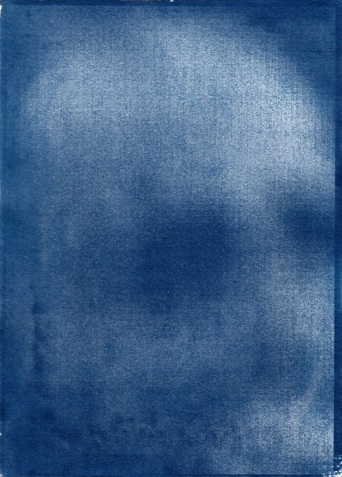 Document No. 402, Piece No. 05, from the series Light as Witness: Between Exposure, Concealment, and Oblivion, cyanotype on paper, 28.7 x 20.8 cm, 2024.